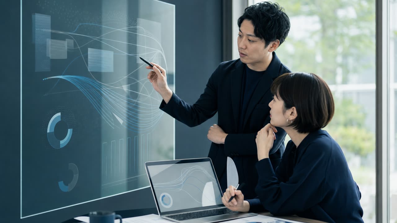 検索データと相談導線の計測設計 医療機関の担当者が抽象化された検索データの計測設計を確認する様子