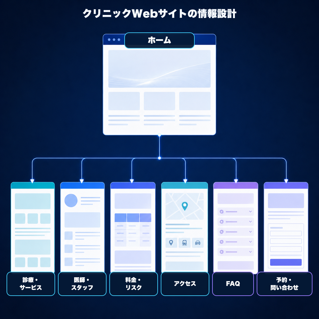 ホームから診療・サービス、医師・スタッフ、料金・リスク、アクセス、FAQ、予約・問い合わせへ分岐する情報設計図