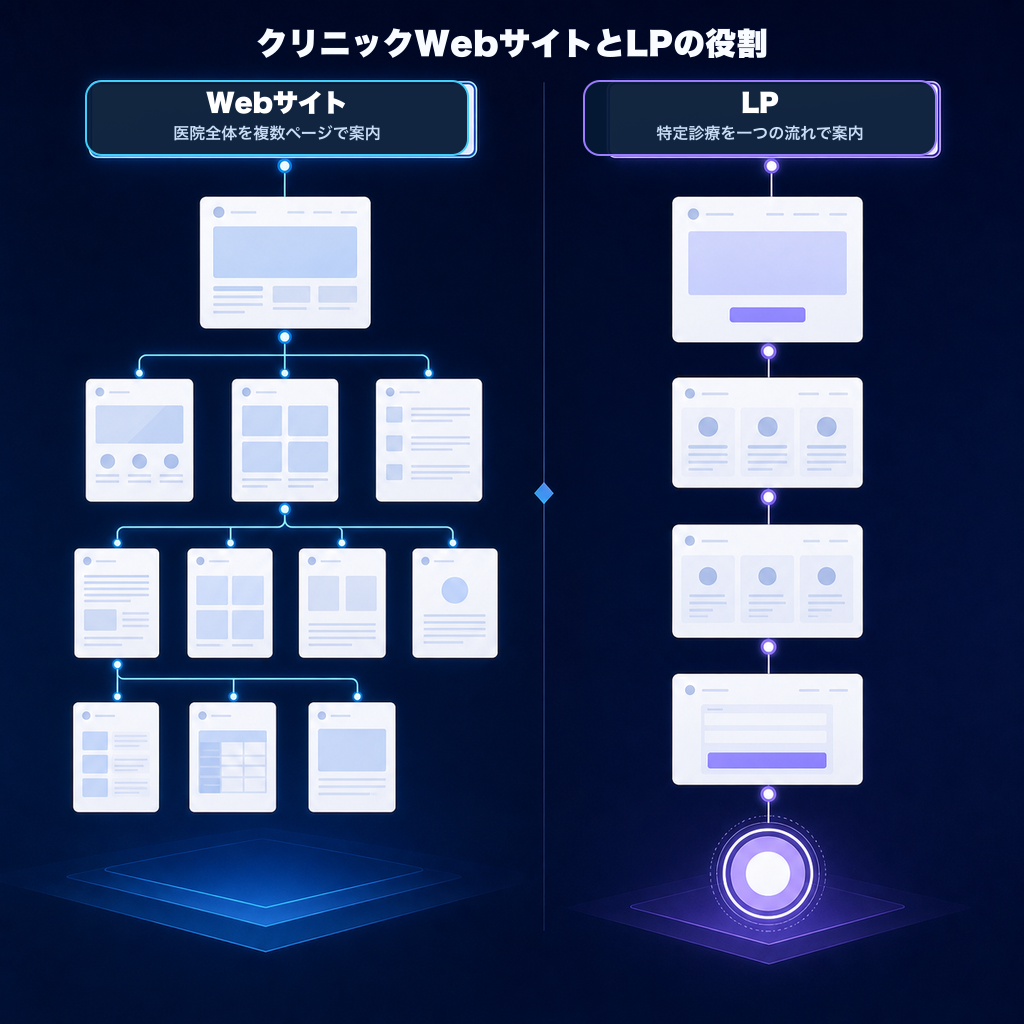クリニックWebサイトの複数ページ構造と、特定診療を一つの流れで案内するLPの役割を比較した図