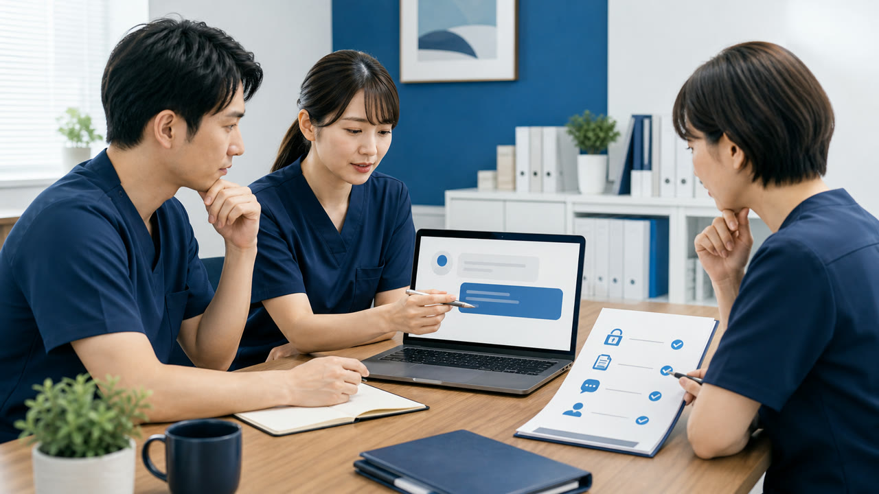 口コミ返信の公開前チェック 医療機関の口コミ返信を公開前に複数担当者で確認する様子