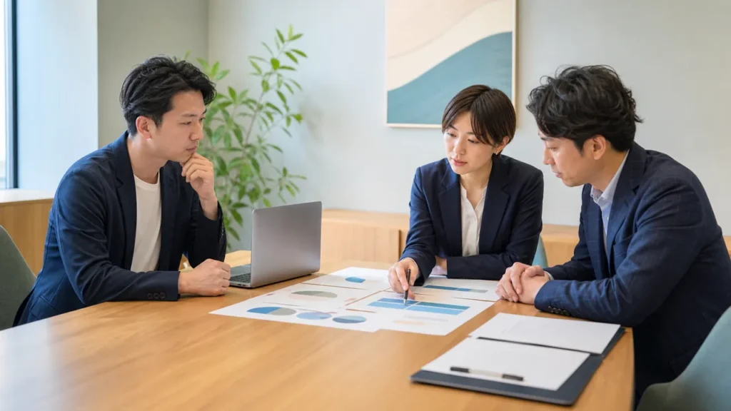 クリニック側と広告運用担当者が代理店の提案内容を比較する会議